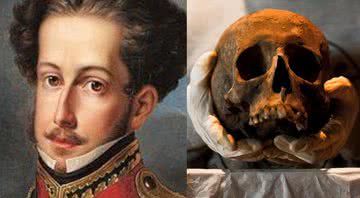 (Esq.) Retrato de Dom Pedro I; (dir.) crânio de Dom Pedro I - Wikimedia Commons/ Foto de Maurício Paiva