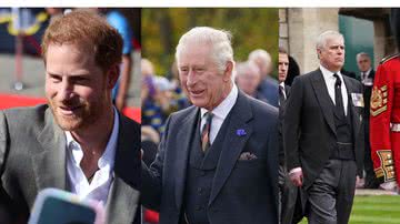Á esquerda Harry, ao centro rei Charles III e à direita príncipe Andrew - Getty Images