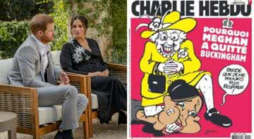 Harry e Meghan em entrevista (esq.) e ilustração publicada no Charlie Hebdo (dir.) - Getty Images (esq.) / Divulgação (dir.)