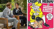 Harry e Meghan em entrevista (esq.) e ilustração publicada no Charlie Hebdo (dir.) - Getty Images (esq.) / Divulgação (dir.)