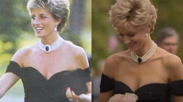 Diana real e na ficção usando o vestido da vingança - Getty Images e Reprodução / Vídeo / Youtube / Netflix
