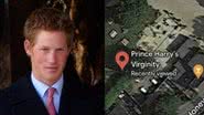Á esquerda imagem de príncipe Harry e à direita imagem de marcação no Google Maps - Getty Images e Google Maps