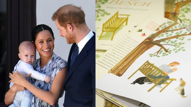 Meghan Markle, príncipe Harry e o filho do casal (à esq.) e obra 'Seu Banco' (à dir.) - Getty Images