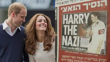 Príncipe William ao lado de sua esposa, Kate Middleton, e manchete de jornal com foto do príncipe Harry com braçadeira nazista - Getty Images