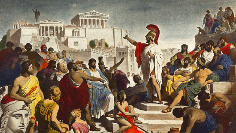 Uma pintura de Philipp Foltz representando um discurso do estadista grego Péricles - Domínio Público