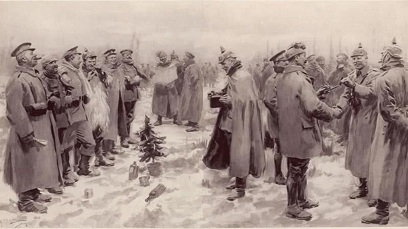 Soldados de ambos os lados (os britânicos e os alemães) trocam uma conversa animada - The Illustrated London News via Wikimedia Commons