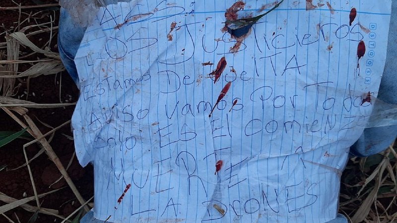 Bilhete deixado no corpo da nova vítima - Divulgação/ Polícia do Paraguai