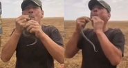 Imagens do agricultor russo com a cobra em mãos - Divulgação/ Youtube/ 3W Daily