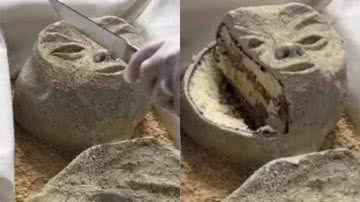 O bolo em formato dos 'restos mumificados' - Reprodução/Vídeo/Redes Sociais