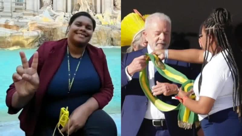 Aline Sousa, catadora de materiais recicláveis, na Itália (esq.) e passando a faixa presidencial para Lula (dir.) - Reprodução/Instagram/YouTubeMetropole