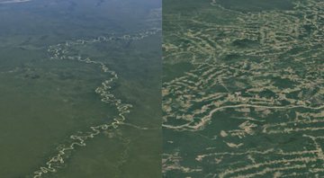 Fotografia da Amazônia em 1984, seguida de uma imagem do mesmo local tirada em 2020 - Divulgação/ Google Earth