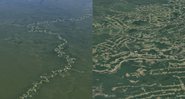 Fotografia da Amazônia em 1984, seguida de uma imagem do mesmo local tirada em 2020 - Divulgação/ Google Earth