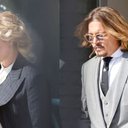 Montagem mostrando Amber Heard e Johnny Depp em suas respectivas saídas do tribunal - Getty Images