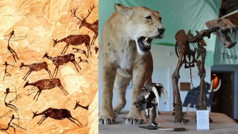 Montagem mostrando, à esquerda, pintura rupestre mostrando cena de caça, e, à direita, modelo de tigre dente-de-sabre
