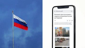 Montagem mostrando bandeira russa e celular com exemplo de artigo da Wikipédia sendo processado - Divulgação/ Pixabay/ EvgeniT/ Freepik/ rawpixel