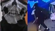 À esquerda, máscara usada pelo autor do atentado e por outros que realizaram atos violentos em escolas; à direita, imagens das câmeras de segurança da escola - Reprodução/Vídeo