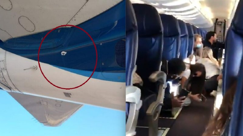 Tiro que atingiu a aeronave da Aeroméxico (esq.) e passageiros se protegendo dos tiros (dir.) - Reprodução/Twitter/FuerzaInformativaAzteca