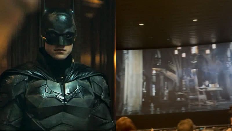 Robert Pattinson como Batman em “The Batman” (2022) e sala de cinema com morcegos nos EUA