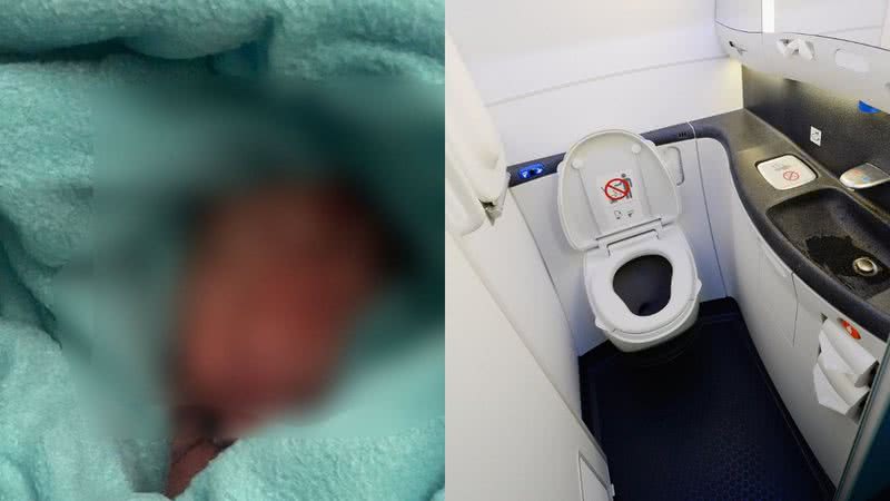 Bebê abandonado e imagem ilustrativa de banheiro de avião
