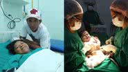 Cleidiane Santos no hospital (esq.) e 'bebê gigante', nasceu com mais de 7kg (dir.) - Divulgação/Secretaria de Estado de Saúde (SES-AM)