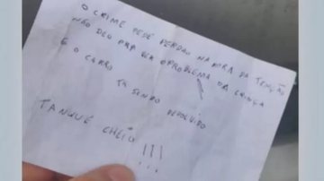 Bilhete de desculpas que criminoso deixou dentro do carro - Reprodução/TV Globo