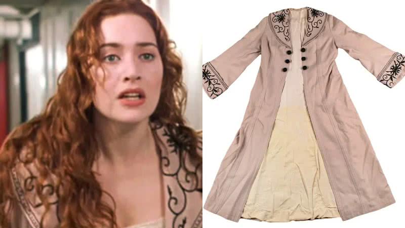 Kate Winslet, que interpreta a Rose, com o casaco em questão e a vestimenta à leilão, respectivamente - Divulgação/Fox e Reprodução/Goldin