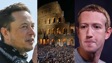 Elon Musk, Coliseu e Mark Zuckerberg, respectivamente - Getty Images
