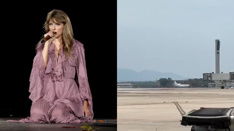 Taylor Swift e seu jatinho pousando no Brasil para os shows da “The Eras Tour”, respectivamente - Getty Images e Reprodução/Vídeo/X/@updatecharts