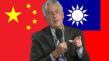 Montagem mostrando Bill Burns, atual diretor da CIA, e bandeiras respectivas da China e de Taiwan atrás - Divulgação/ Youtube/ The Guardian e Domínio Público