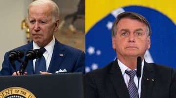 Montagem mostrando Joe Biden durante discurso de maio de 2022 sobre massacre escolar, e Bolsonaro durante evento político do mesmo mês - Getty Images