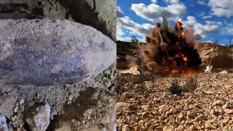Bomba descoberta antes e depois de detonação - Divulgação / Vídeo / Sky News