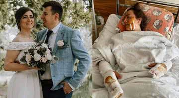 Fotografias mostrando casal durante cerimônia de casamento, e a noiva depois no hospital - Divulgação/ Arquivo Pessoal