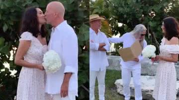 Trechos do vídeo postado por Emma Heming, esposa do ator Bruce Willis, em que o casal renova os votos de casamento - Reprodução/Vídeo