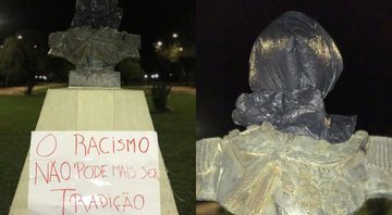 Fotografia do busto coberto com saco de lixo - Divulgação/ Instagram/ @afrontenacional/ @timerbrap/ @coalizaonegrapordireitos