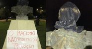 Fotografia do busto coberto com saco de lixo - Divulgação/ Instagram/ @afrontenacional/ @timerbrap/ @coalizaonegrapordireitos