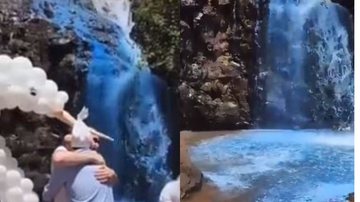 Á esquerda casal em chá revelação e à direita cachoeira com água azul - Reprodução/Vídeo/Twitter
