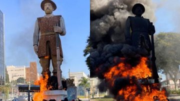 Imagens da estátua de Borba Gato incendiada - Reprodução / Redes sociais