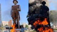 Imagens da estátua de Borba Gato incendiada - Reprodução / Redes sociais