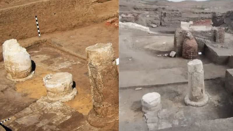 Imagens dos três pilares do antigo templo descobertos no Egito - Reprodução / Facebook
