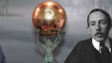 Colagem de Santos Dumont e da redoma de metal que armazena seu coração - Reprodução/Vídeo/Youtube/Domínio Público