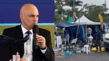 Á esquerda, o ministro Alexandre de Moraes e, à direita, acampamentos de bolsonaristas golpistas - Getty Images e Reprodução / Arquivo Pessoal