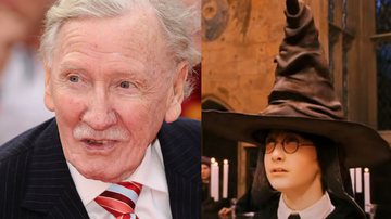 Á esquerda imagem de Leslie Phillips e à direita imagem de Harry Potter com o Chapéu Seletor - Getty Images e Reprodução / Vídeo