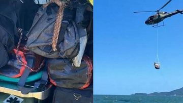 Á esquerda imagem de malas e à direita de helicóptero com a carga - Reprodução / Polícia Militar de Santa Catarina