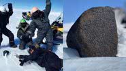 Á esquerda imagem de cientistas e à direita imagem de meteorito - Divulgação / Maria Valdés