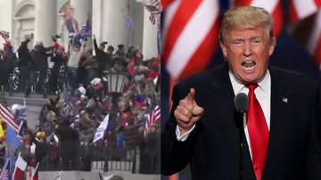 Á esquerda imagens da invasão ao Capitólio em 2021 e à direita imagem de Donald Trump - Reprodução / Vídeo e Getty Images