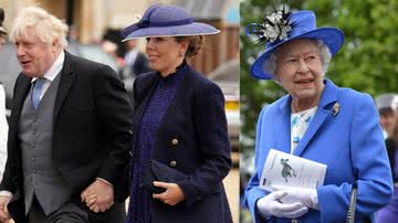 Montagem mostrando Boris Johnson e esposa Carrie à esquerda, e foto de rainha Elizabeth II à direita - Getty Images