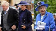 Montagem mostrando Boris Johnson e esposa Carrie à esquerda, e foto de rainha Elizabeth II à direita - Getty Images