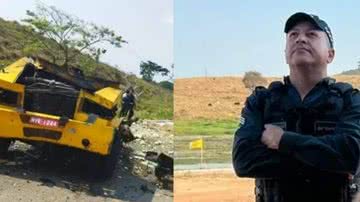 Carro-forte destruído após explosão e sargento da Polícia Militar, Roberto Cezar Dias Saraiva - Reprodução/Twitter