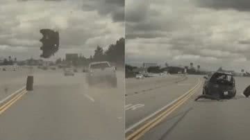 Momento em que o carro saltou (esq.) e carro destruído (dir.) - Reprodução / Vídeo