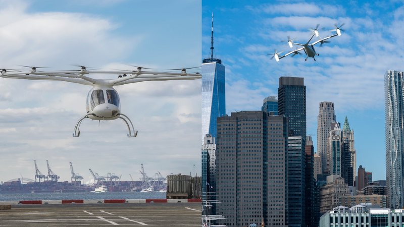 Imagem dos carros voadores da Volocopter e da Joby Aviation, respectivamente - Reprodução/X/@volocopter/@jobyaviation